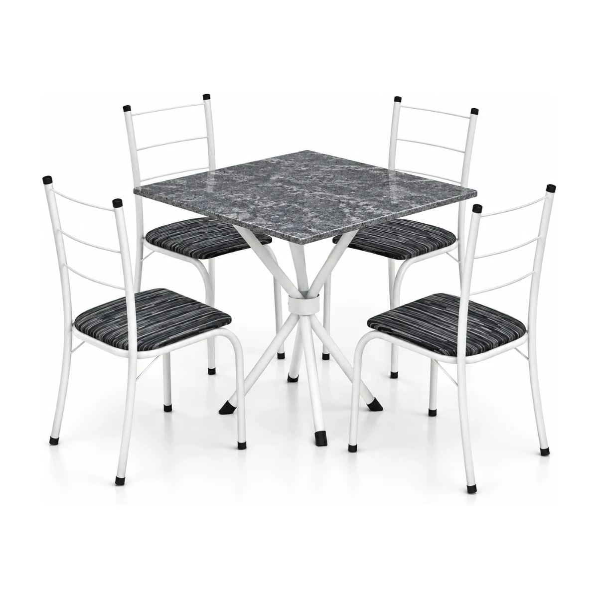 Conjunto de mesa de cozinha Teixeira Maricá branca com tampo em granito e 4 cadeiras com assento preto, fundo branco