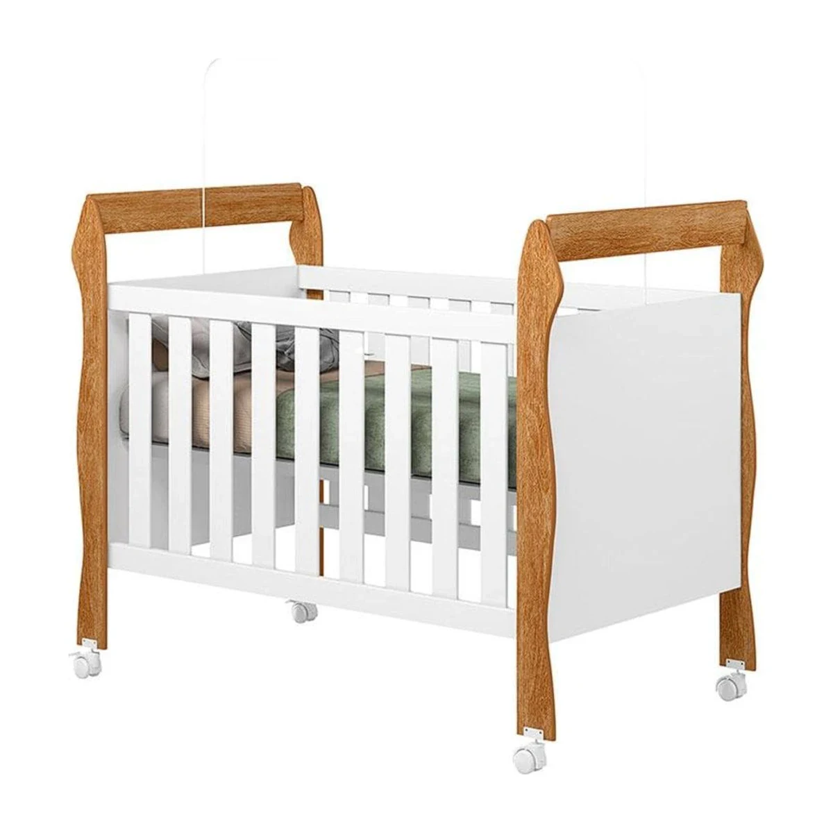 Berço Mini Cama Tigus Baby Soninho Branco e Amadeirado, foto de catálogo em fundo branco