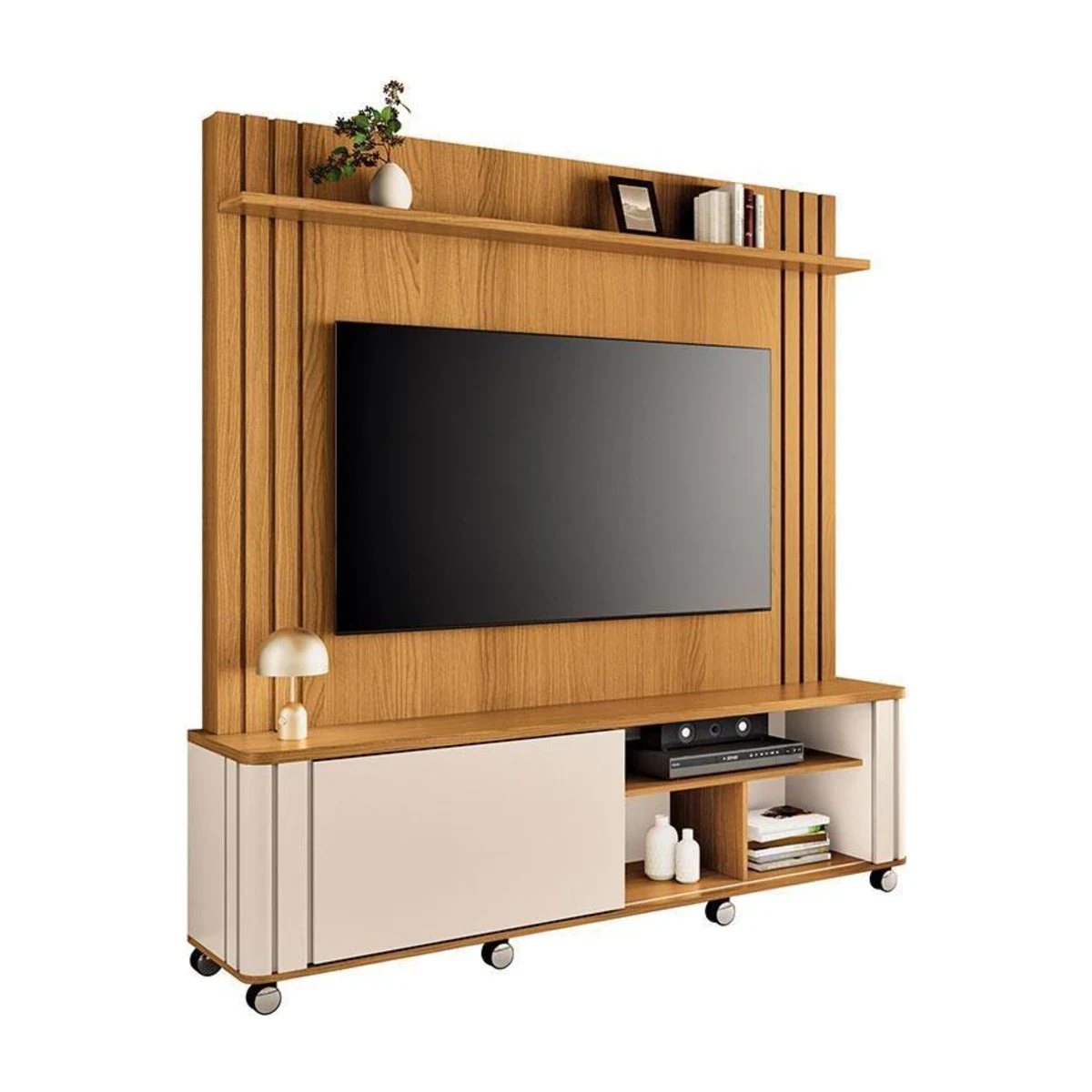 Estante Home Theater HB Móveis Trinus 1,80 m Cinamomo e Off White, foto de catálogo em fundo branco