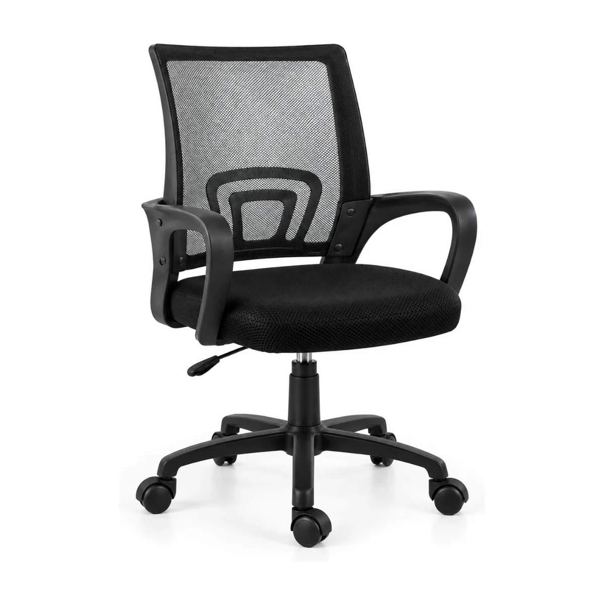 Cadeira de escritório Fortt 1050S preta com encosto em tela e base preta, fundo branco