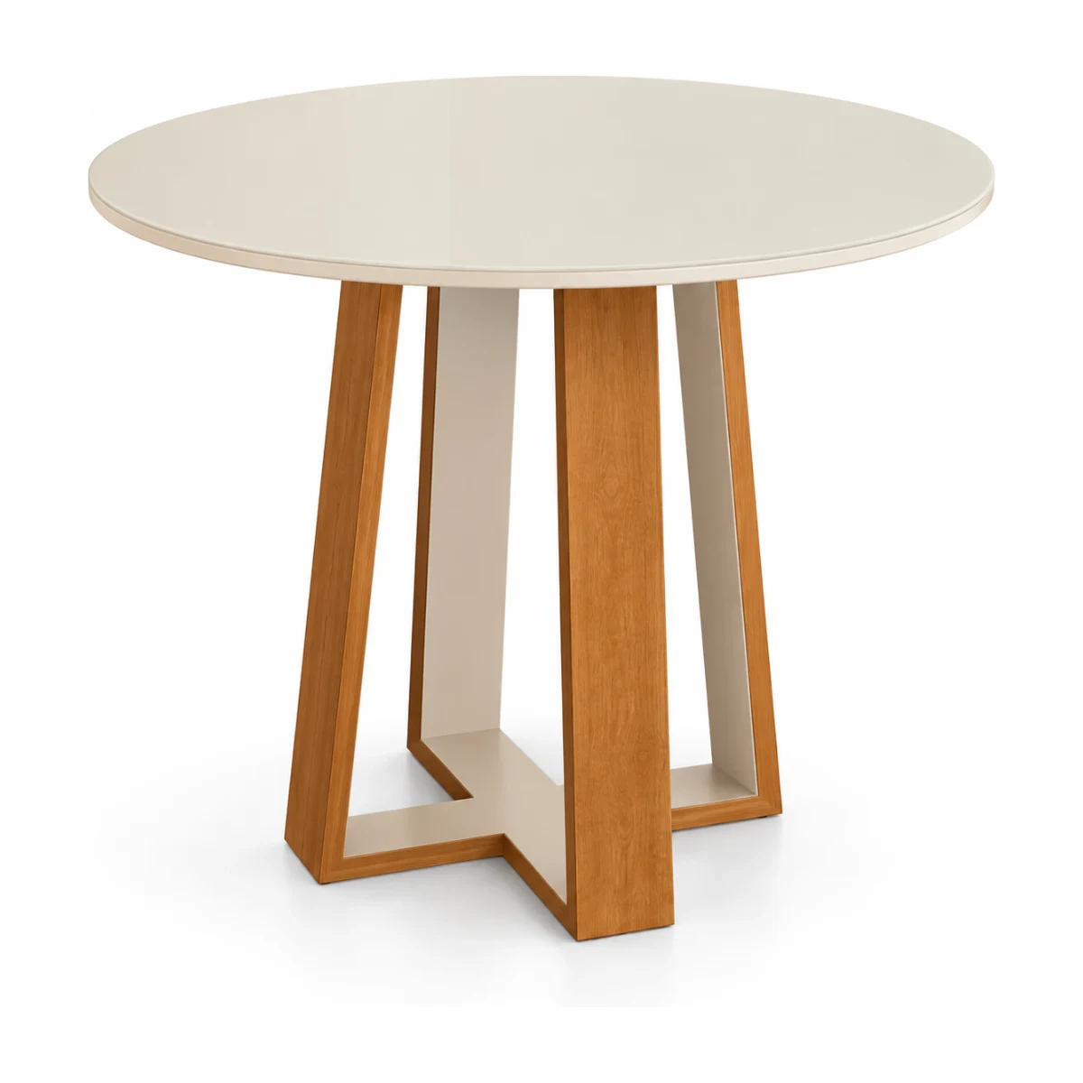 Mesa de jantar redonda São Carlos Laís tampo de vidro off white e base cinamomo vista em 3/4