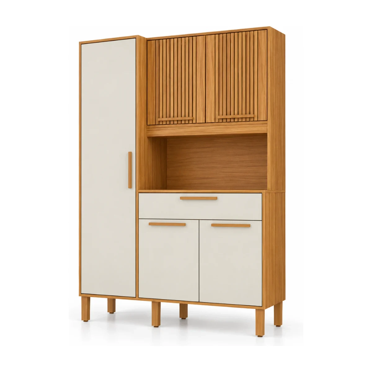 Kit cozinha Rio Doce Sangio 120 cm com 5 portas em canela e off white com portas ripadas, foto de catálogo em fundo branco
