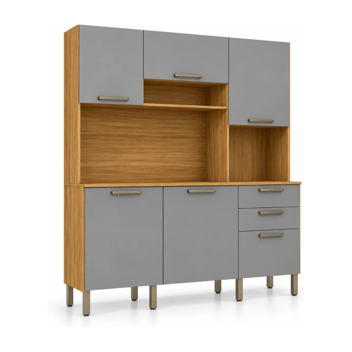 Cozinha compacta Kits Paraná Ferrara 180 cm com 6 portas e 2 gavetas em freijó e gris, vista de frente