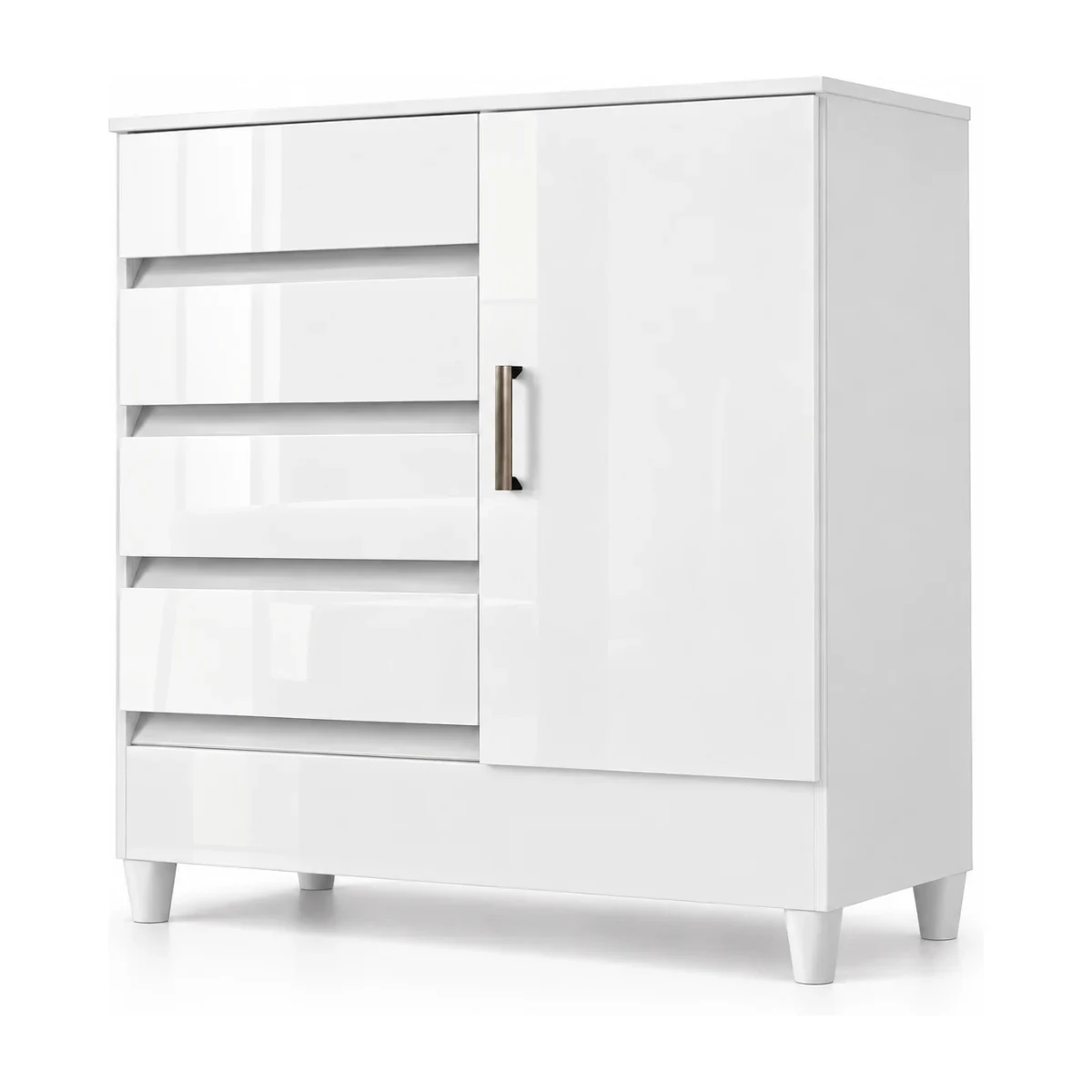 Cômoda Santos Andirá Fit 4 gavetas 1 porta com pés branca vista de frente em 3/4