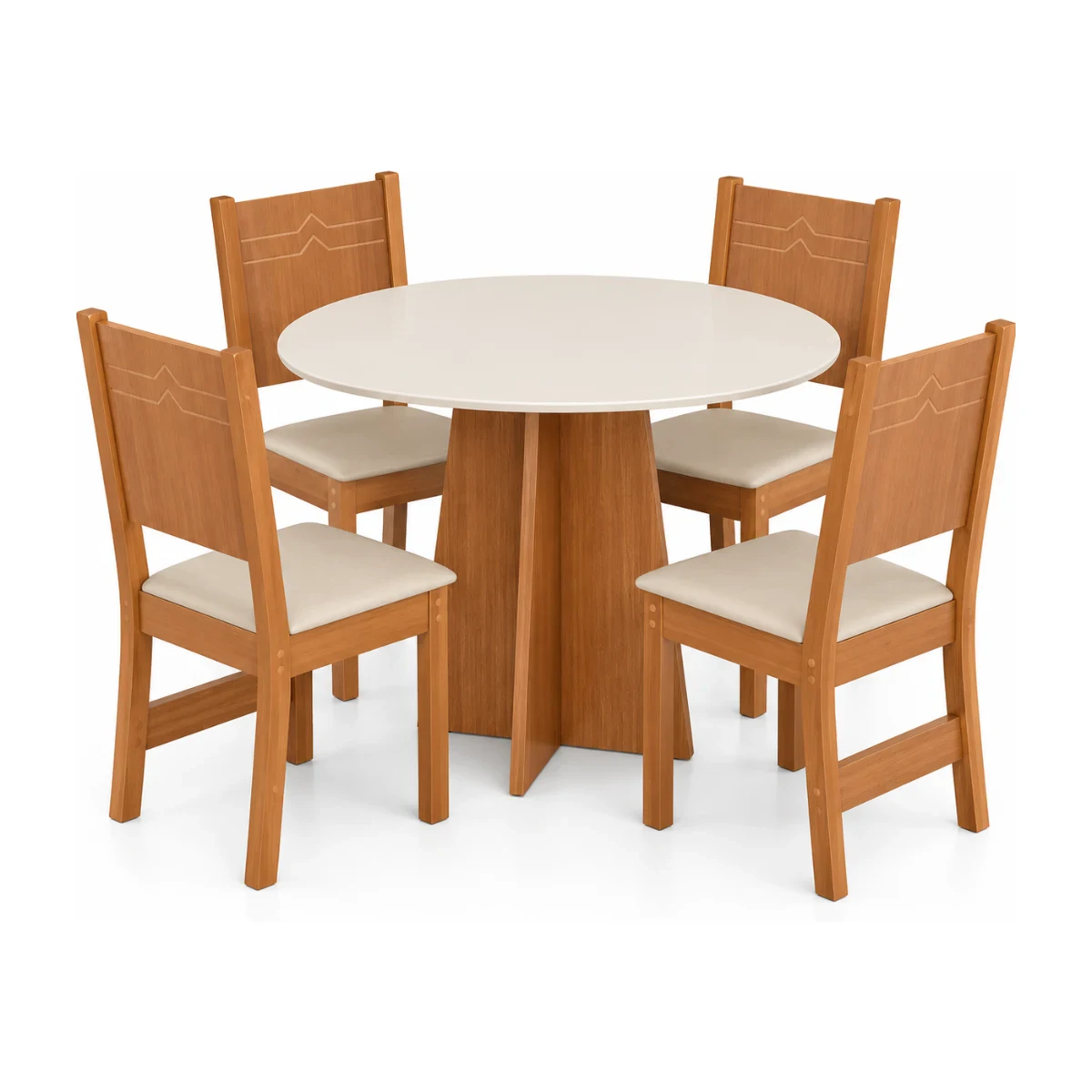 Conjunto de mesa redonda São Carlos Elane com 4 cadeiras em madeira natura e assentos bagum bege, fundo branco