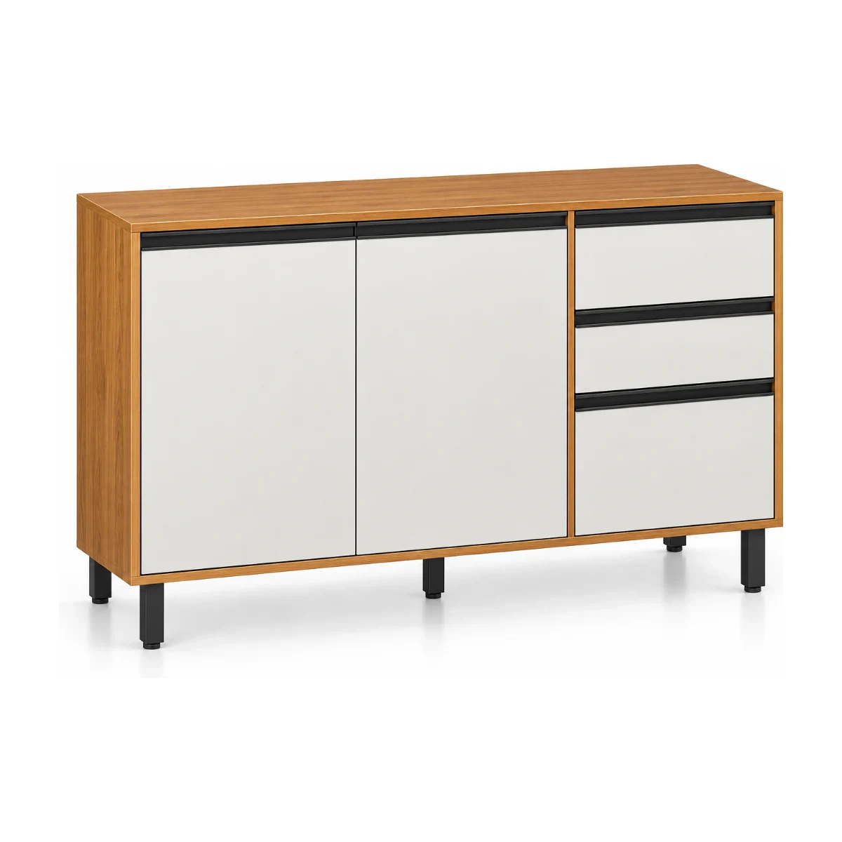 Balcão de cozinha Poliman Ravena 120 cm com portas, gavetas e tampo em freijó e off white, vista em 3/4