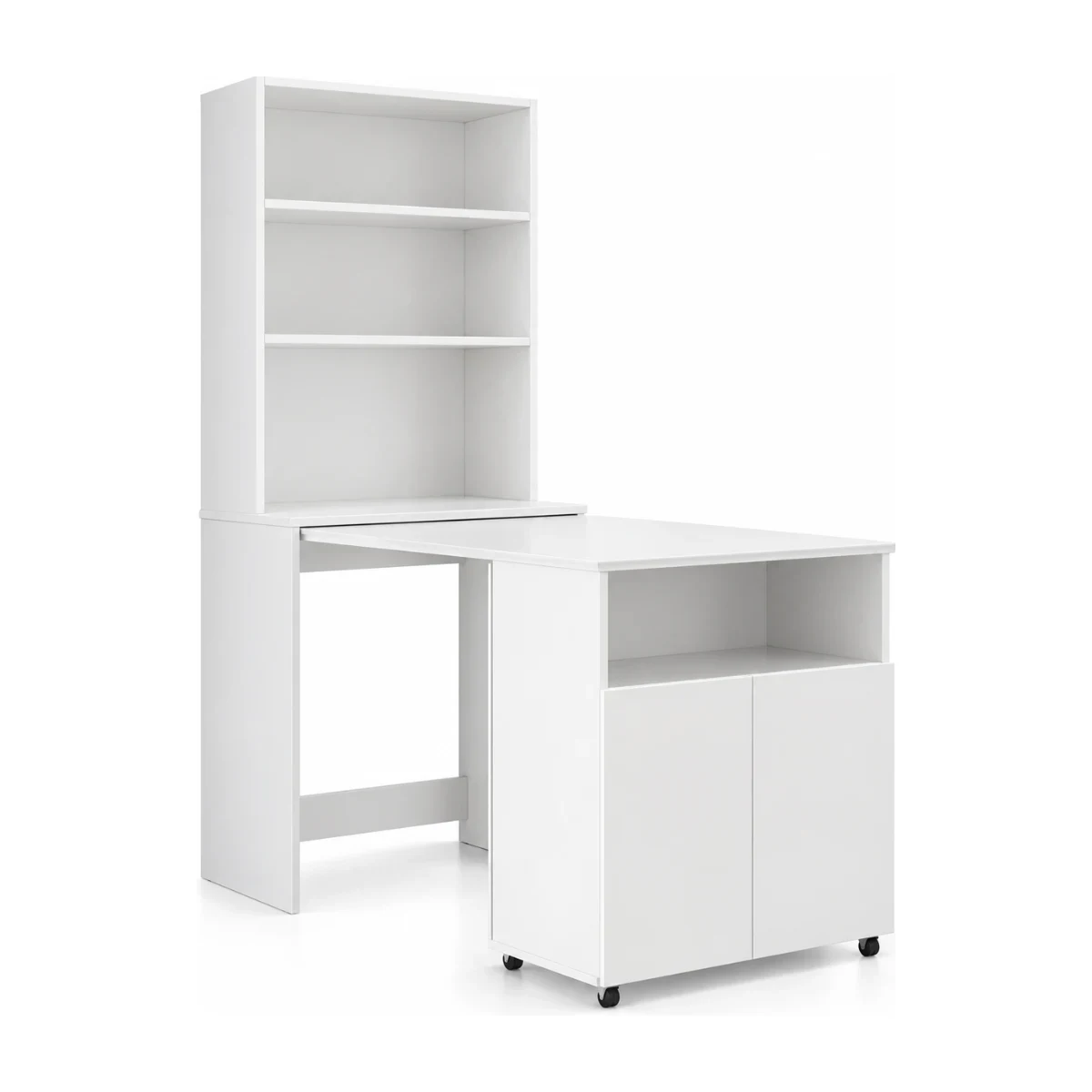 Armário Kits Paraná Duo branco com mesa retrátil estendida, prateleiras e 2 portas, foto de catálogo em fundo branco