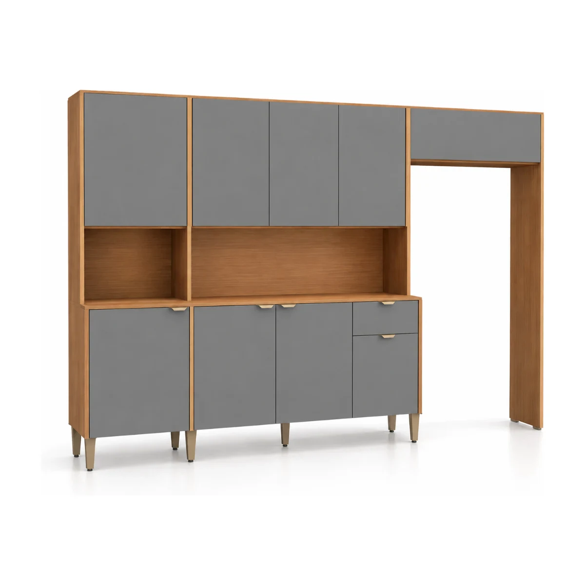 Cozinha compacta Kits Paraná Soul 250 cm com 9 portas e 1 gaveta em freijó e gris, vista de frente