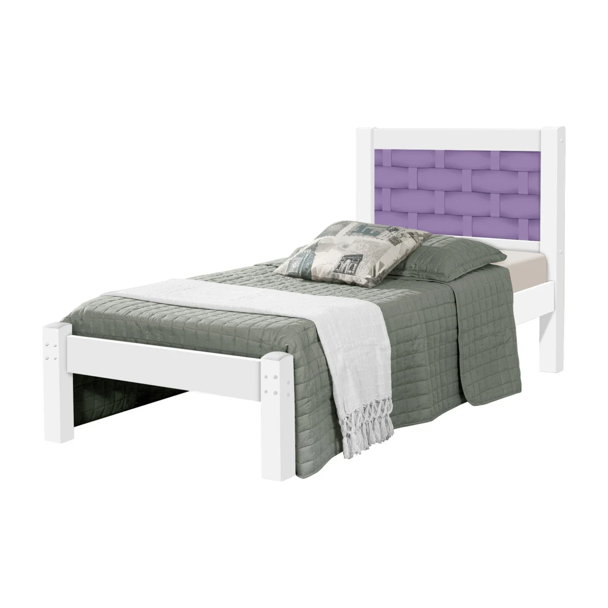 Cama de Solteiro J&A Móveis Laila Branca e Lilás, foto de catálogo em fundo branco