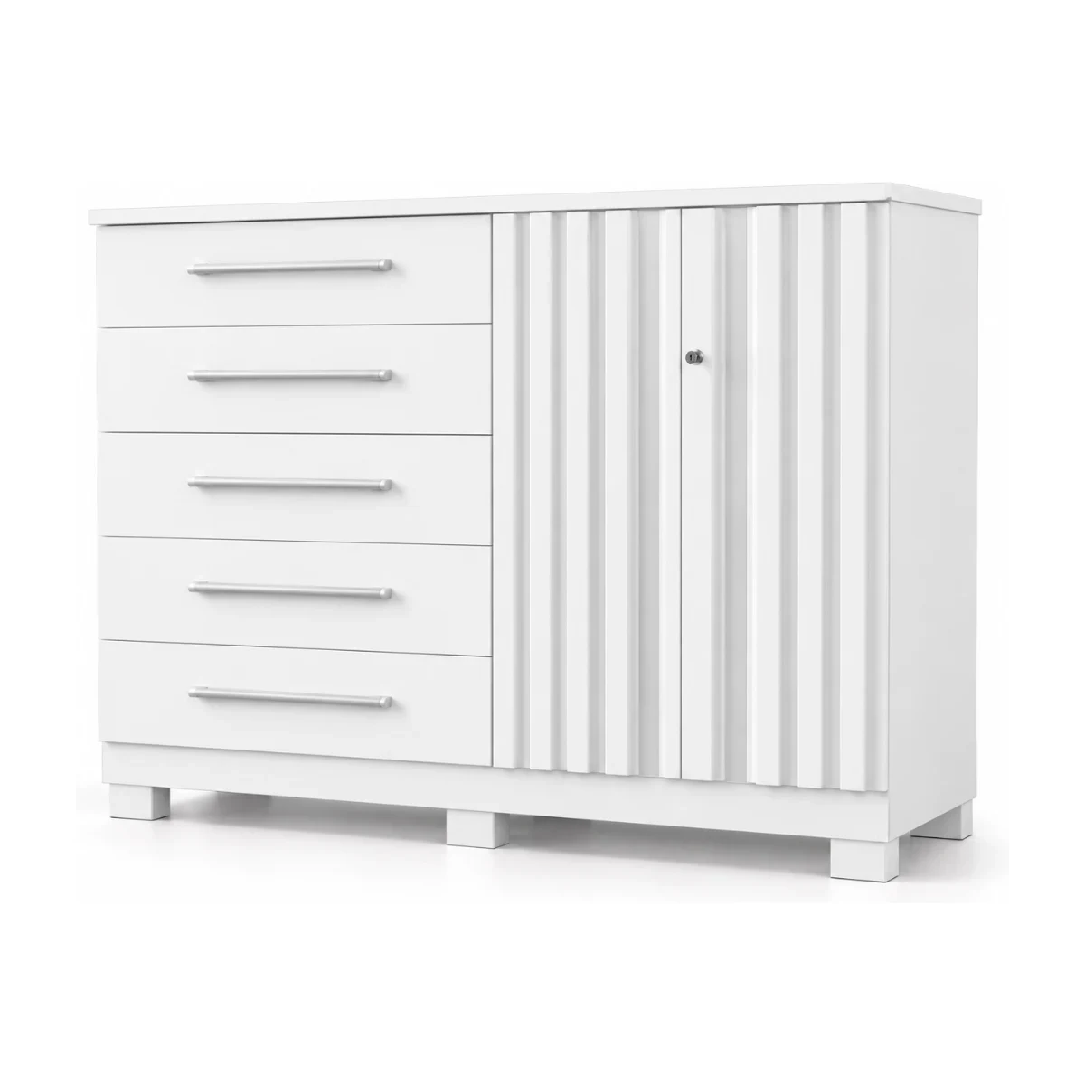 Cômoda ACP Bella 5 gavetas com sapateira branca vista de frente em 3/4