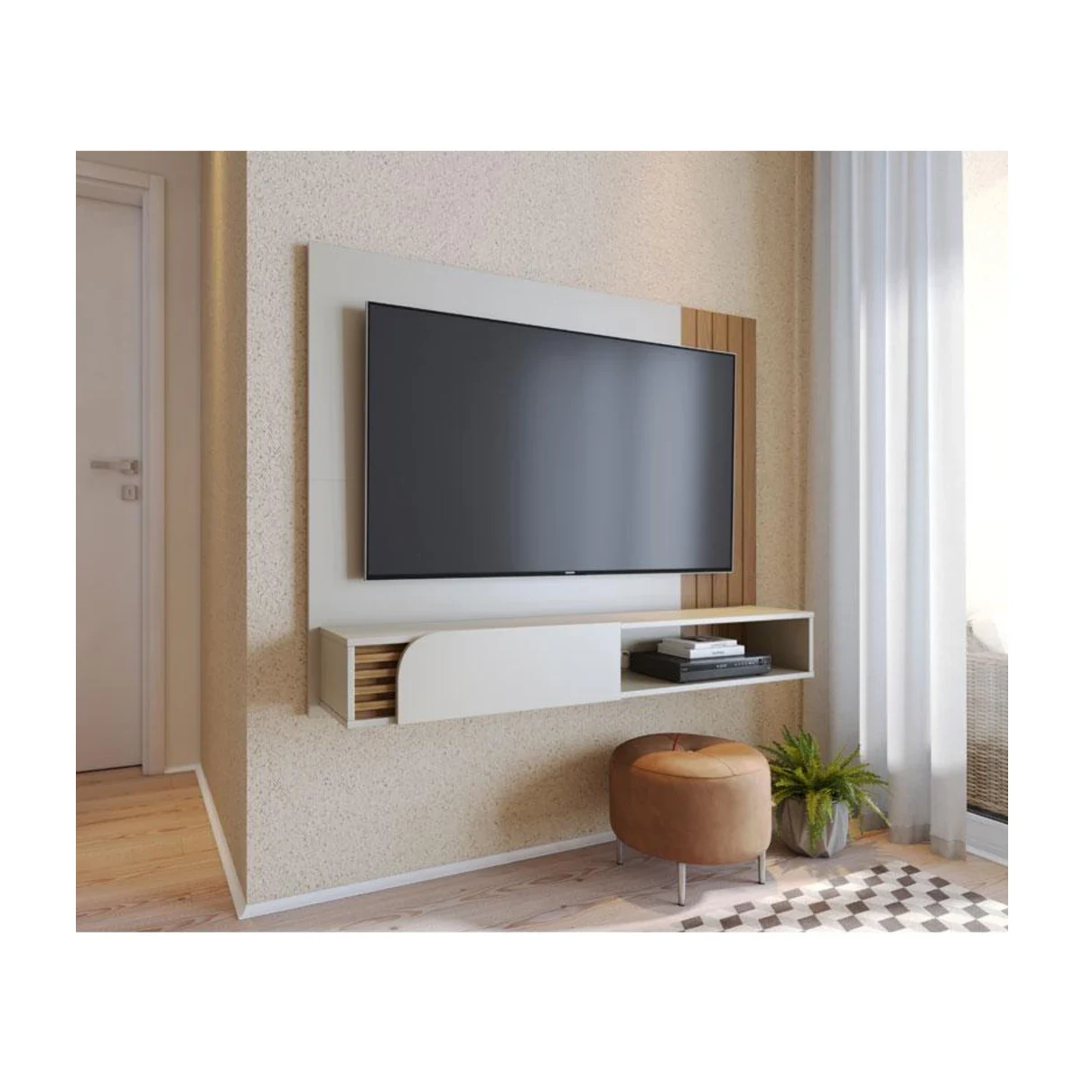 Painel Suspenso Colibri Jurerê para TV até 65 Off White Matte e Freijó, foto de catálogo em fundo branco