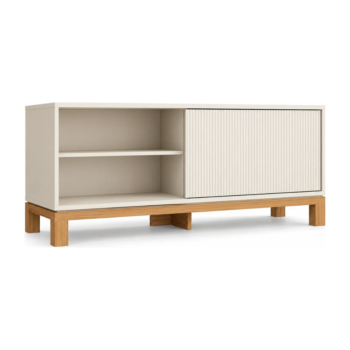Rack Caemmun Mondrian 1,36 m sem Gaveta Off White e Freijó, foto de catálogo em fundo branco