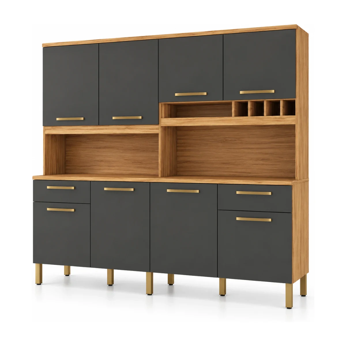 Kit cozinha Ronipa Cabernet Prime 200 cm em amêndoa e chumbo com 8 portas e 2 gavetas, foto de catálogo em fundo branco