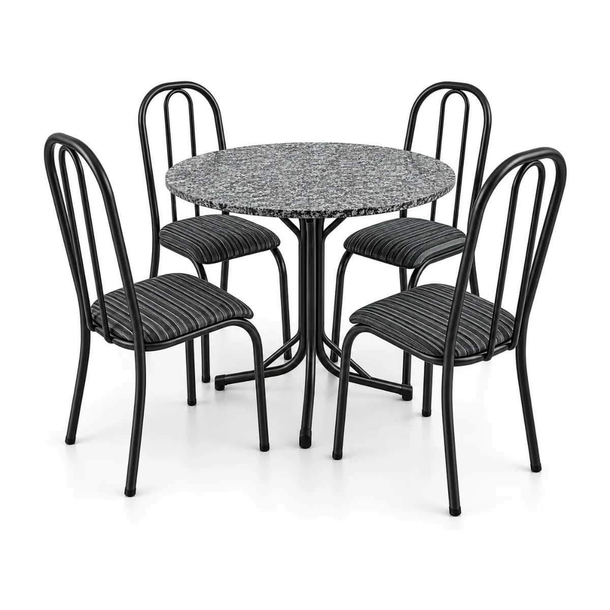 Conjunto de mesa de aço Coelho Madri redonda com tampo em granito e 4 cadeiras pretas, fundo branco
