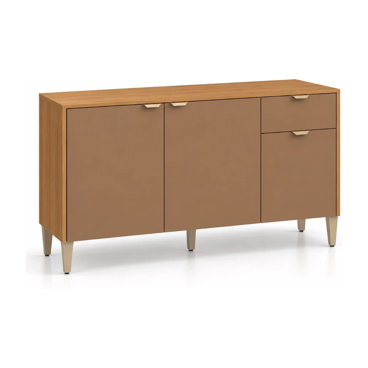 Balcão de cozinha Kits Paraná Soul 120 cm com 3 portas e 1 gaveta em freijó e caramelo, vista em 3/4