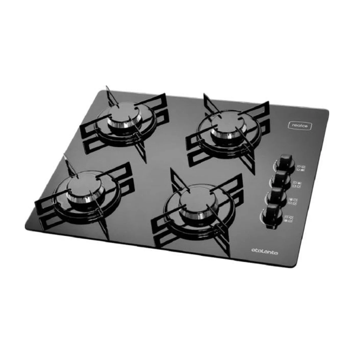 Cooktop a Gás Realce Atalanta 4 Bocas Vidro Temperado Preto, foto de catálogo em fundo branco
