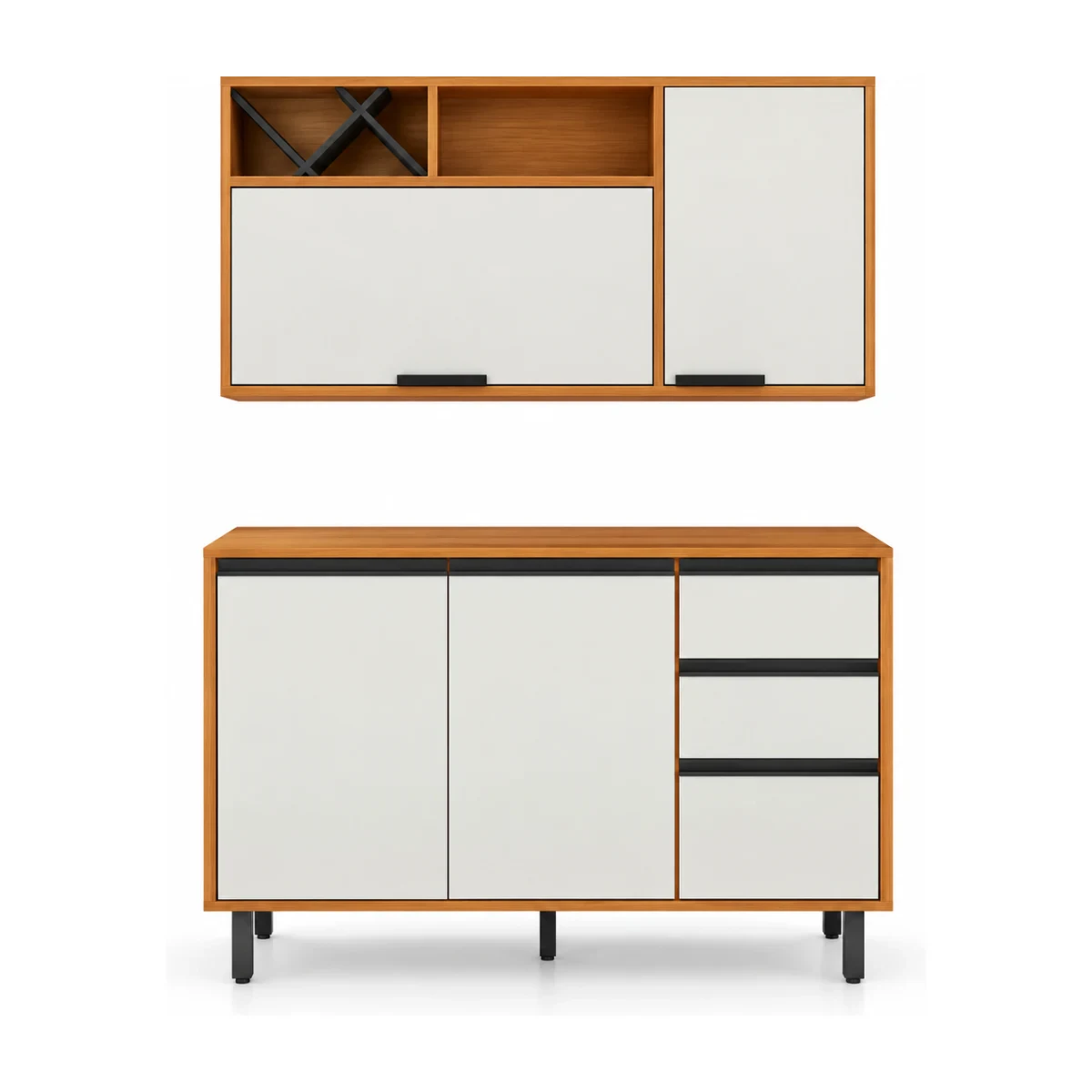 Cozinha Poliman Ravena com balcão 120 cm e armário aéreo 120 cm em freijó e off white, foto de catálogo em fundo branco