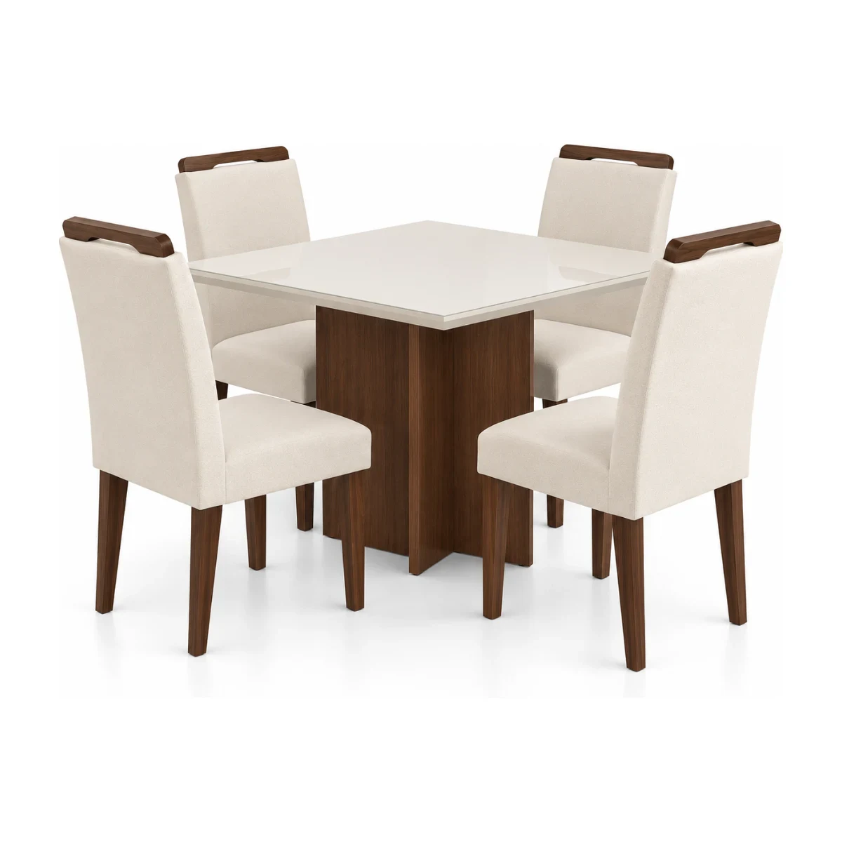 Conjunto de mesa Rufato Berlim 90 x 90 cm com tampo de vidro off white e 4 cadeiras Athenas off white, madeira imbuia, fundo branco