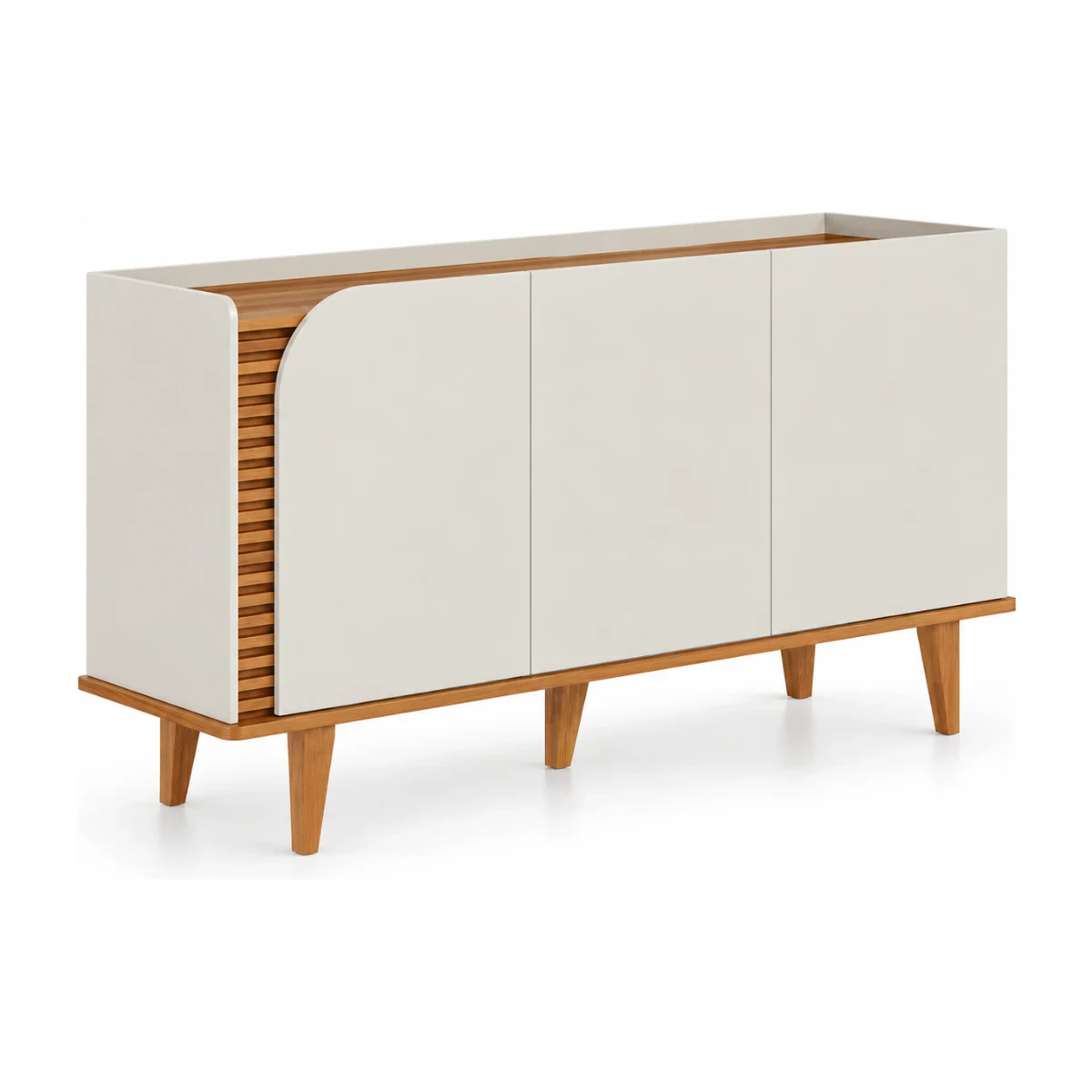 Buffet Colibri Jurerê 3 portas em off white matte e freijó com ripado lateral, foto de catálogo em fundo branco