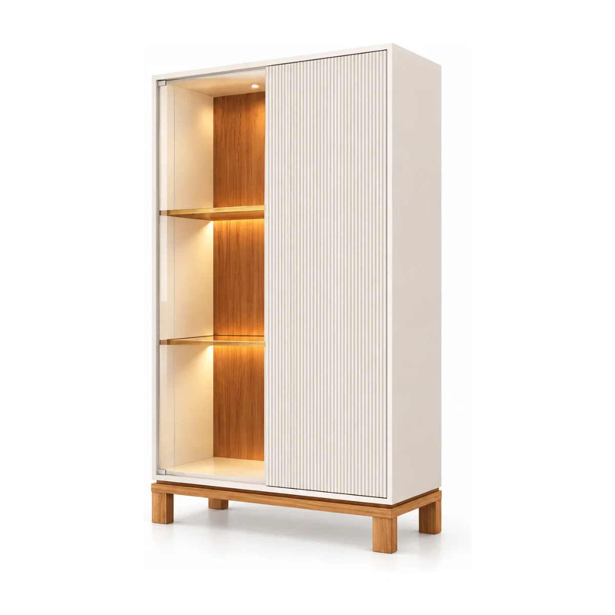 Cristaleira Caemmun Mondrian 2 portas em off white e freijó com LED e porta ripada, foto de catálogo em fundo branco