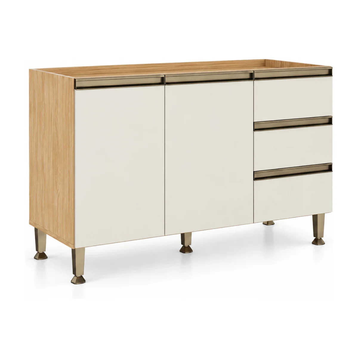 Balcão de cozinha Movelbento Rebeca MB 1077 120 cm com 2 portas e 3 gavetas em mel e off white, foto de catálogo em fundo branco