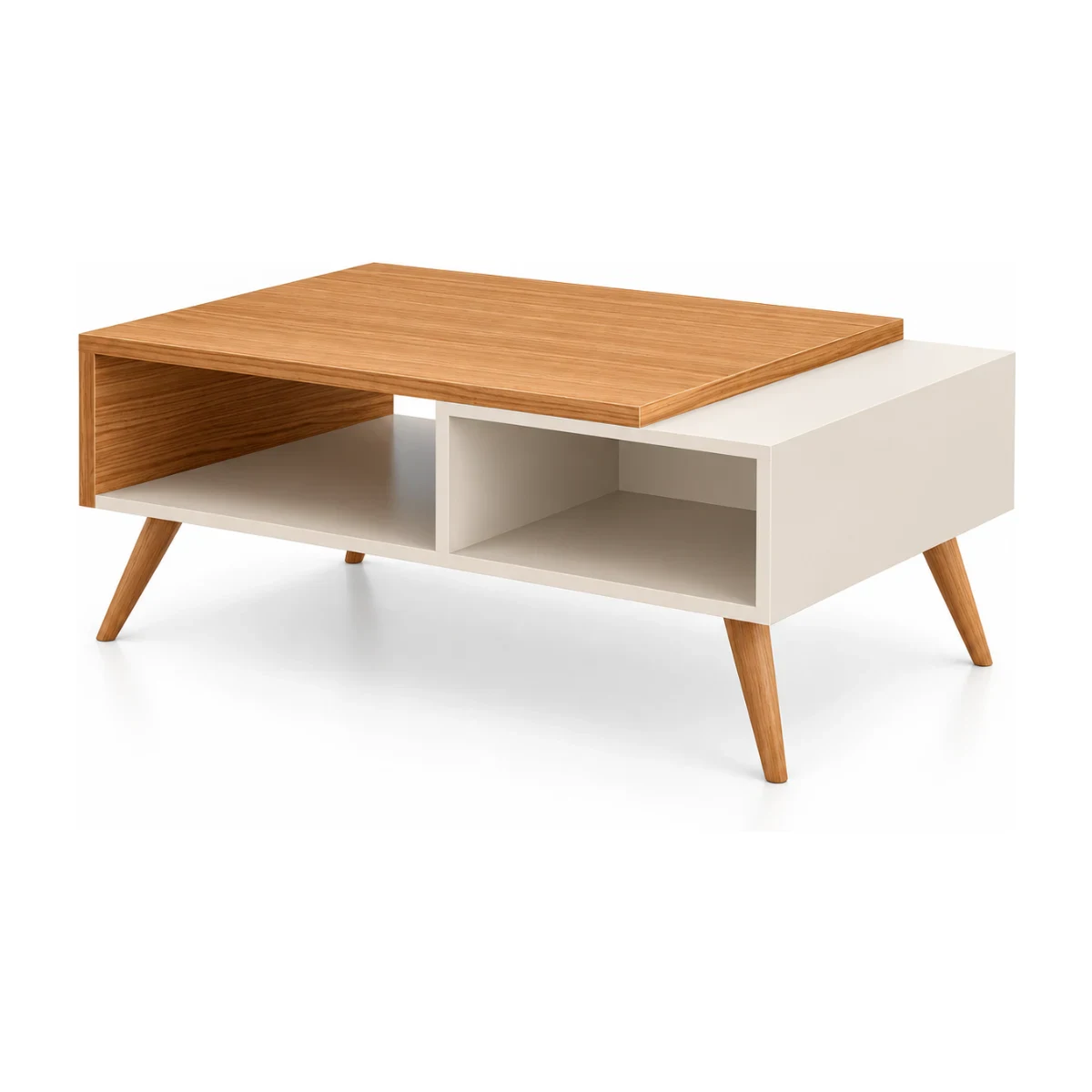 Mesa de centro HB Móveis Marchê nature com off white, dois nichos e pés palito, fundo branco