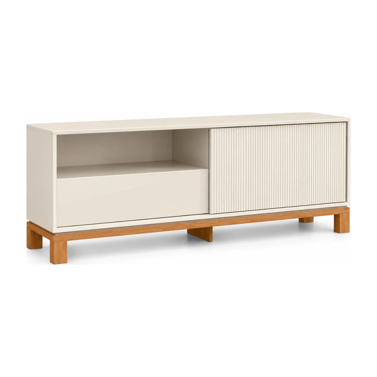 Rack Caemmun Mondrian 1,50 m com Gaveta Off White e Freijó, foto de catálogo em fundo branco