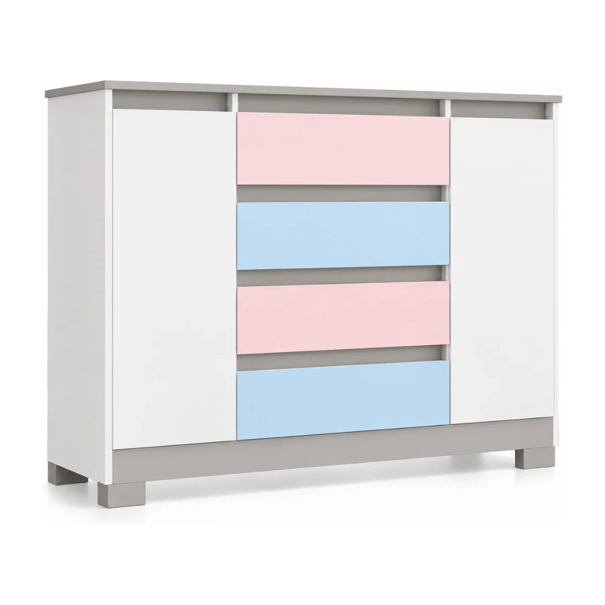 Cômoda sapateira Albatroz Atena Flex 4 gavetas 2 portas branco e titanium com frentes rosa e azul vista de frente em 3/4