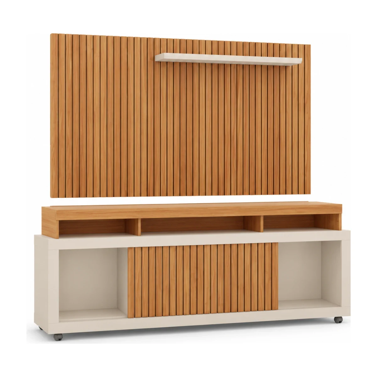 Rack com Painel Caemmun New Oscar 1,80 m Freijó e Off White, foto de catálogo em fundo branco