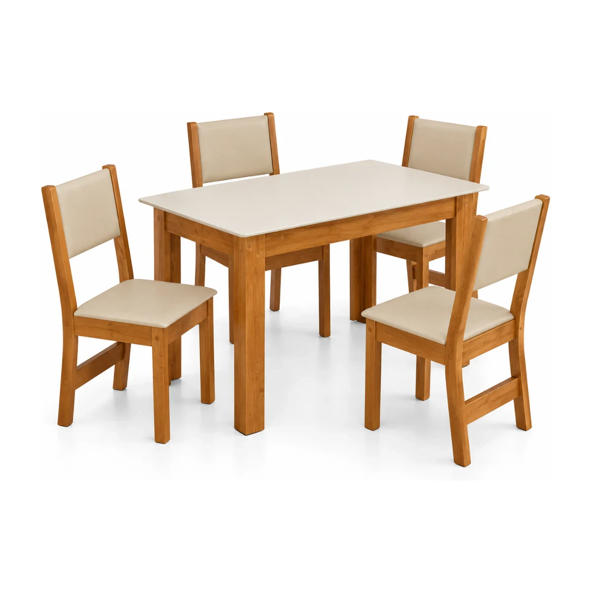 Conjunto de mesa de jantar São Carlos Milena com 4 cadeiras em freijó e assentos em bagum bege, fundo branco