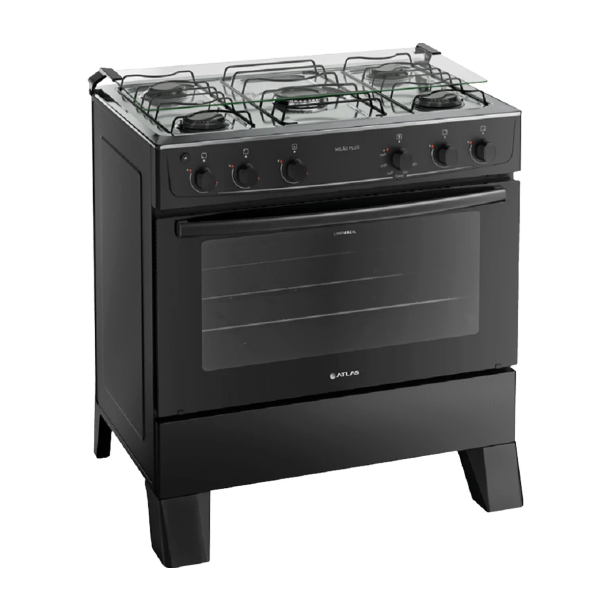 Fogão Atlas Milão Plus 5 Bocas Preto Bivolt Versão 24, foto de catálogo em fundo branco