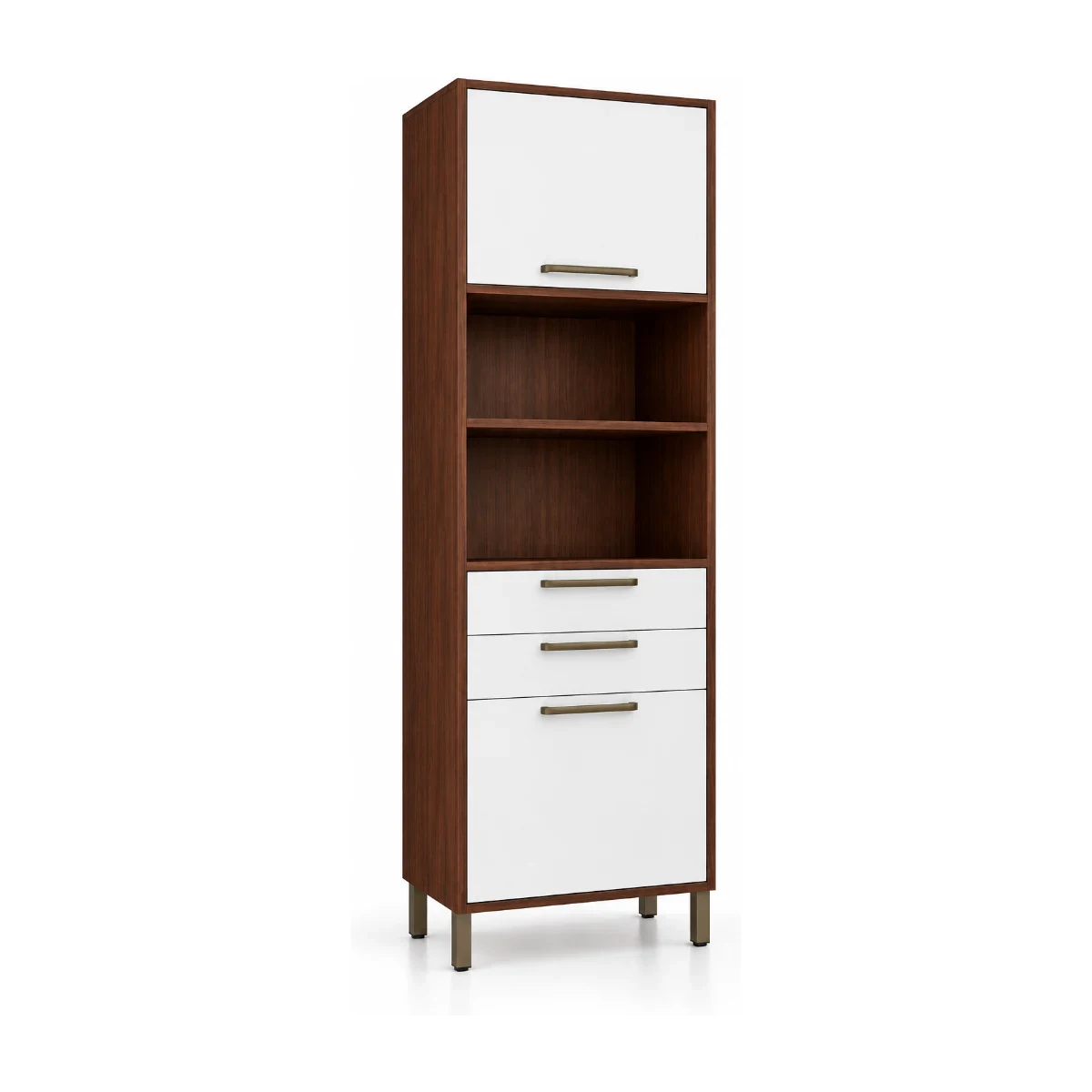 Paneleiro Ronipa Marsala com 2 portas, 3 gavetas e nichos para forno e micro-ondas, em castanho e branco, vista em 3/4