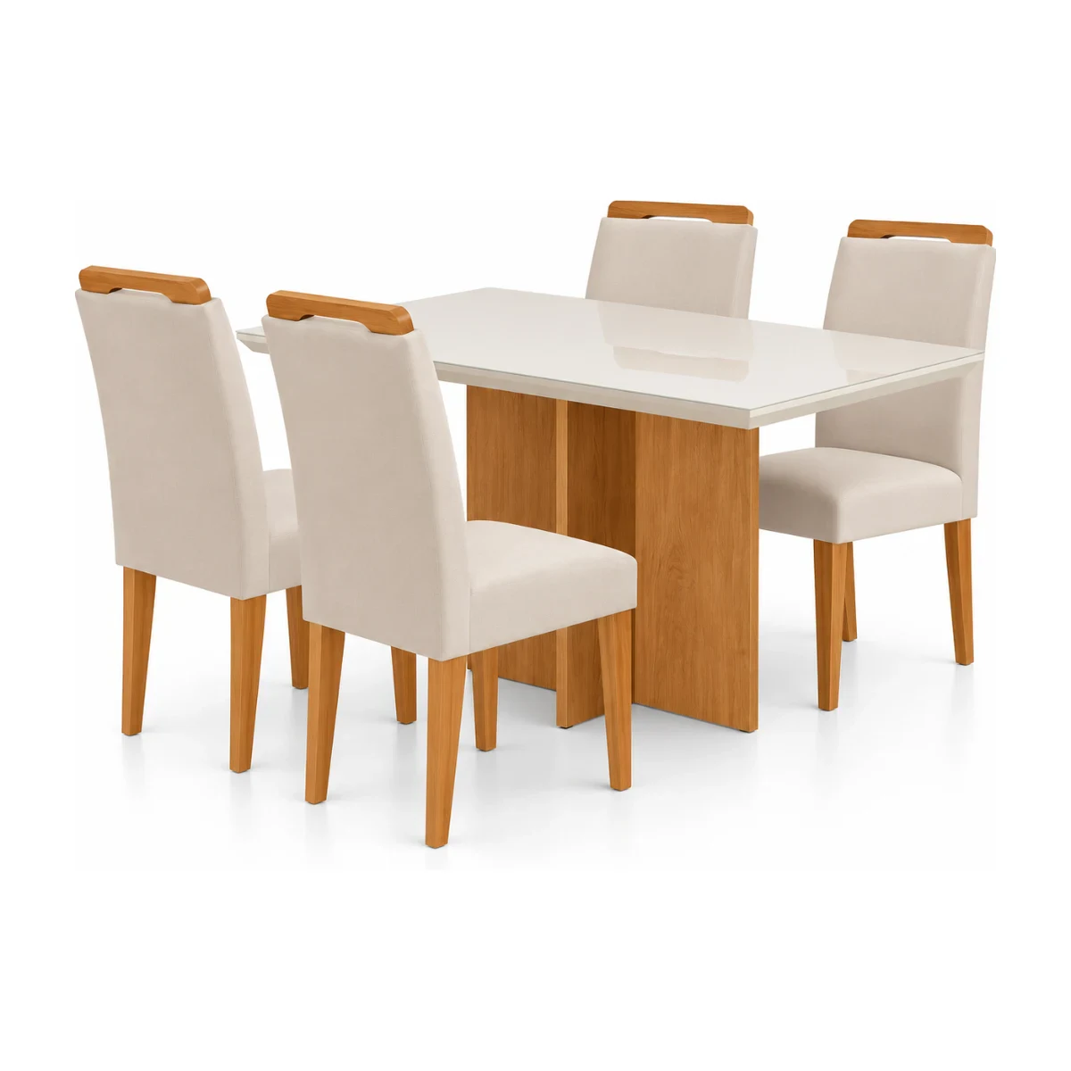 Conjunto de mesa de jantar Rufato Berlim 120 cm com tampo de vidro off white e 4 cadeiras Athenas, madeira naturale, fundo branco