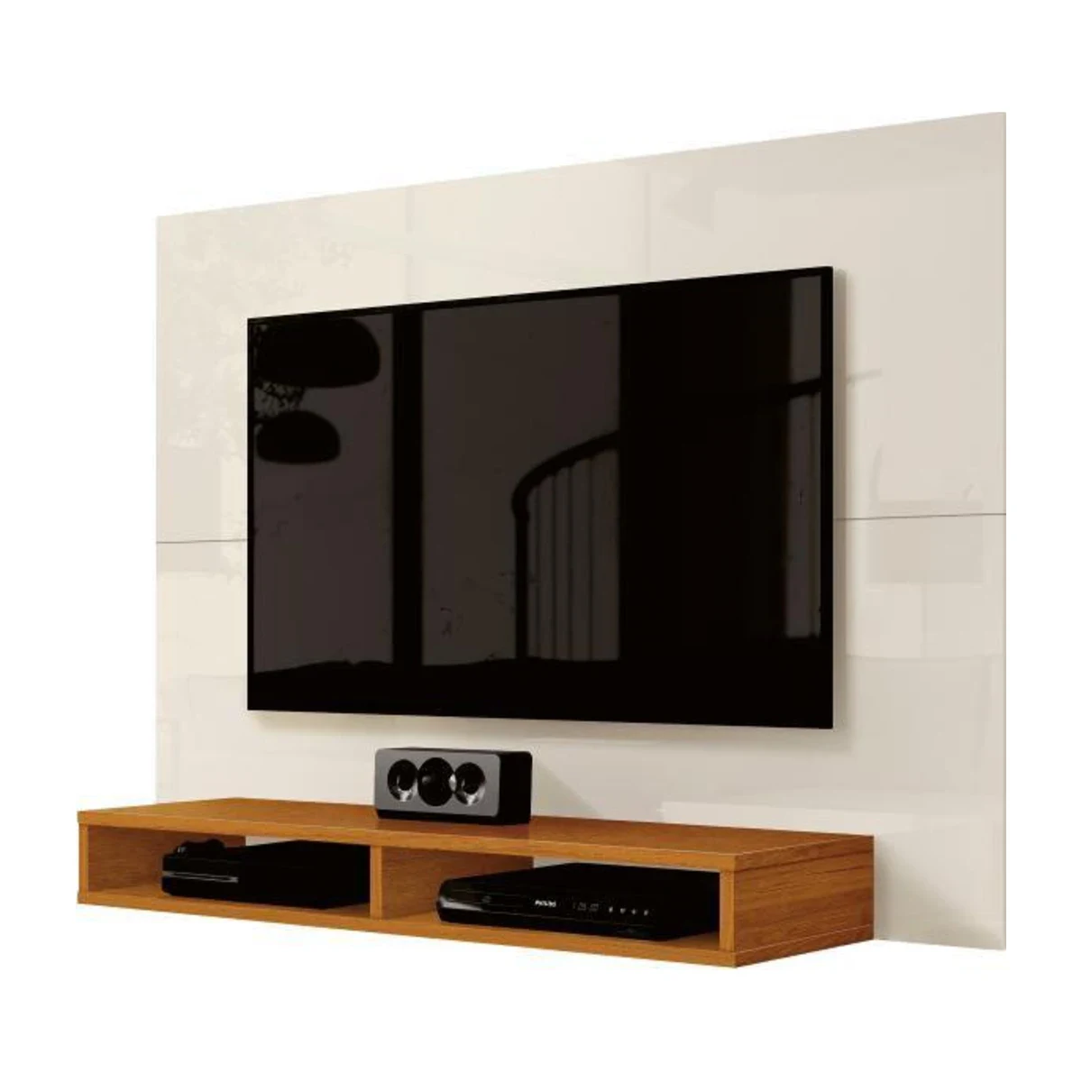 Painel EDN Fox New para TV até 43 com Nicho Cedro e Off White, foto de catálogo em fundo branco