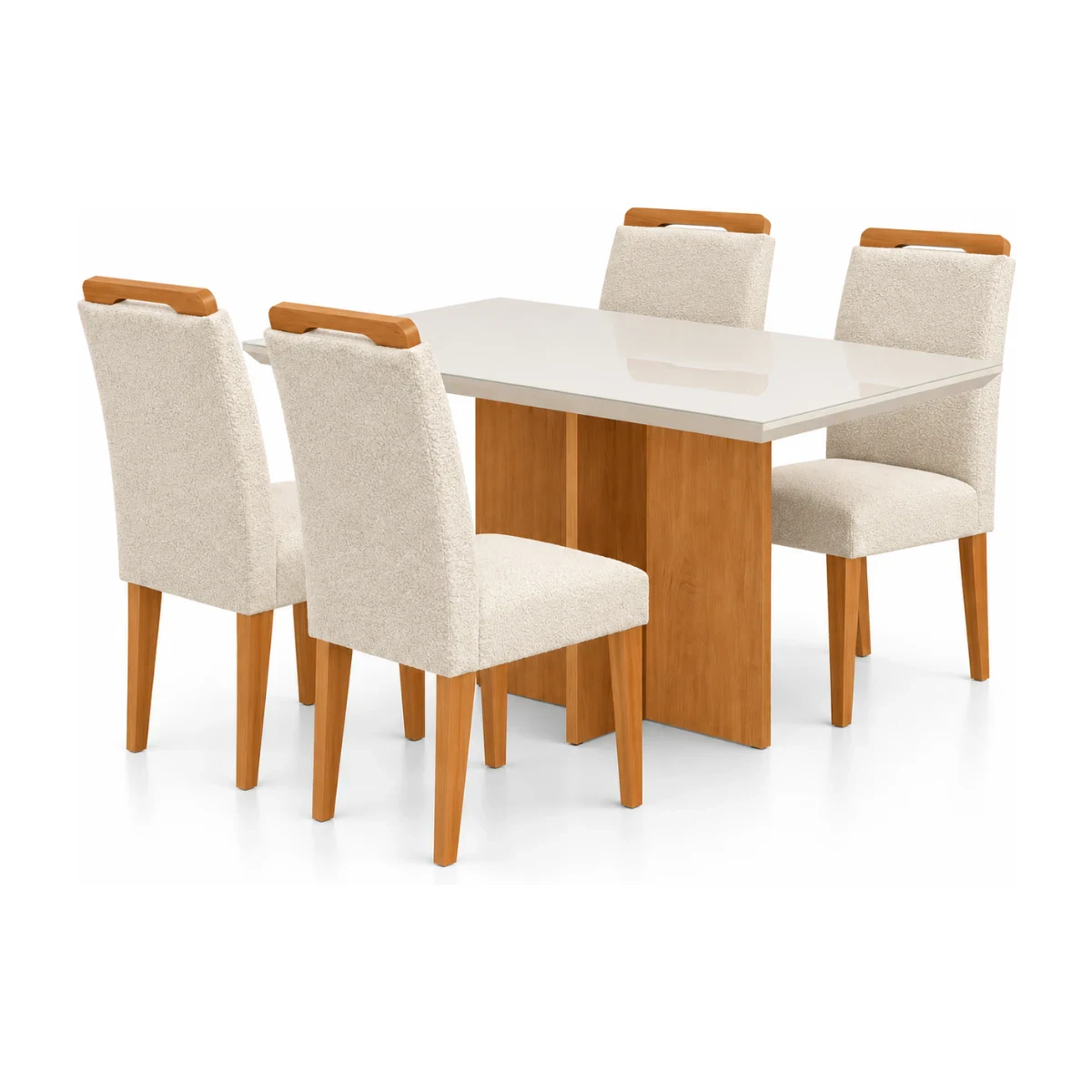 Conjunto de mesa Rufato Berlim 120 x 80 cm com tampo de vidro e 4 cadeiras Athenas em bouclê creme, fundo branco