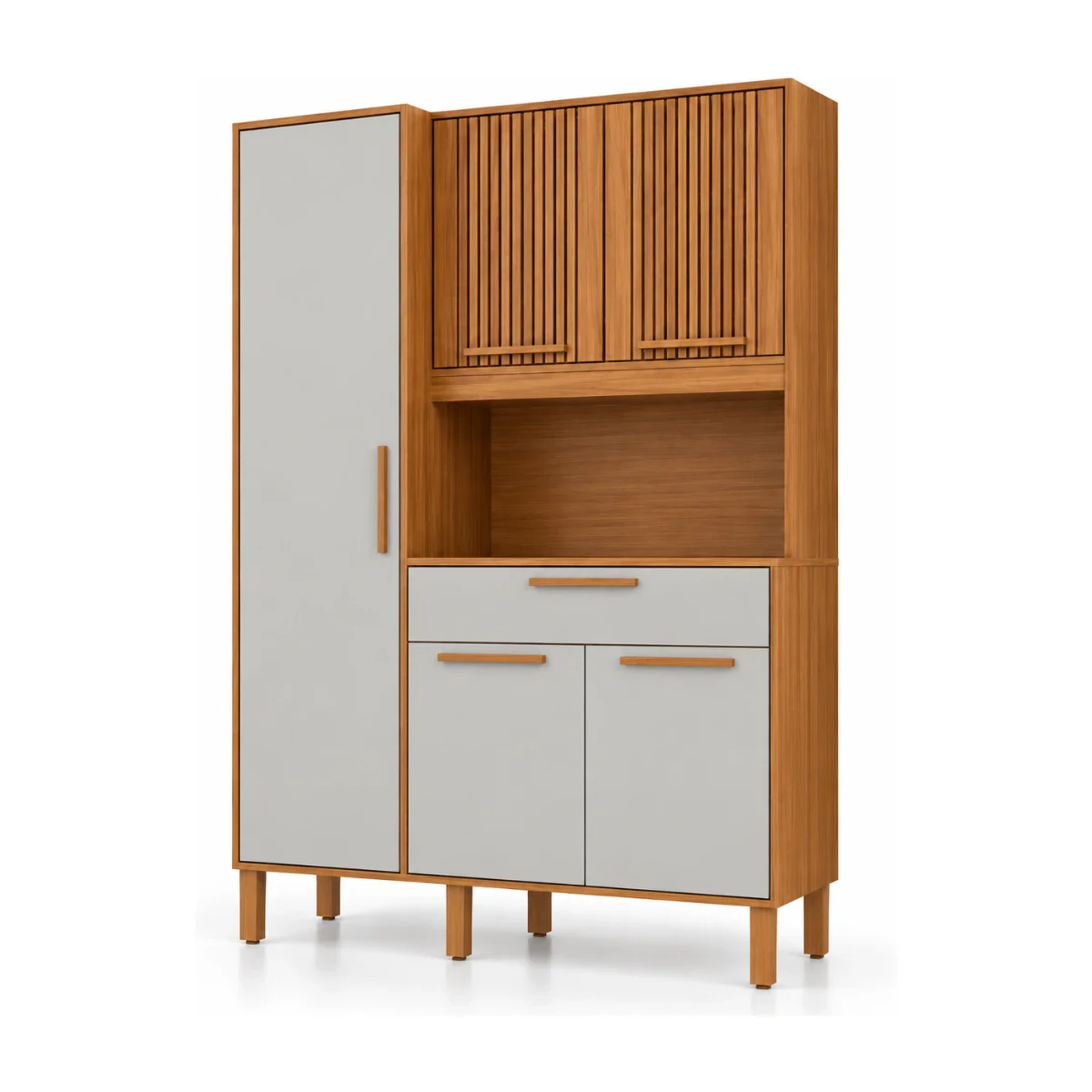 Kit cozinha Rio Doce Sangio 120 cm com 5 portas em canela e platina com portas ripadas, foto de catálogo em fundo branco