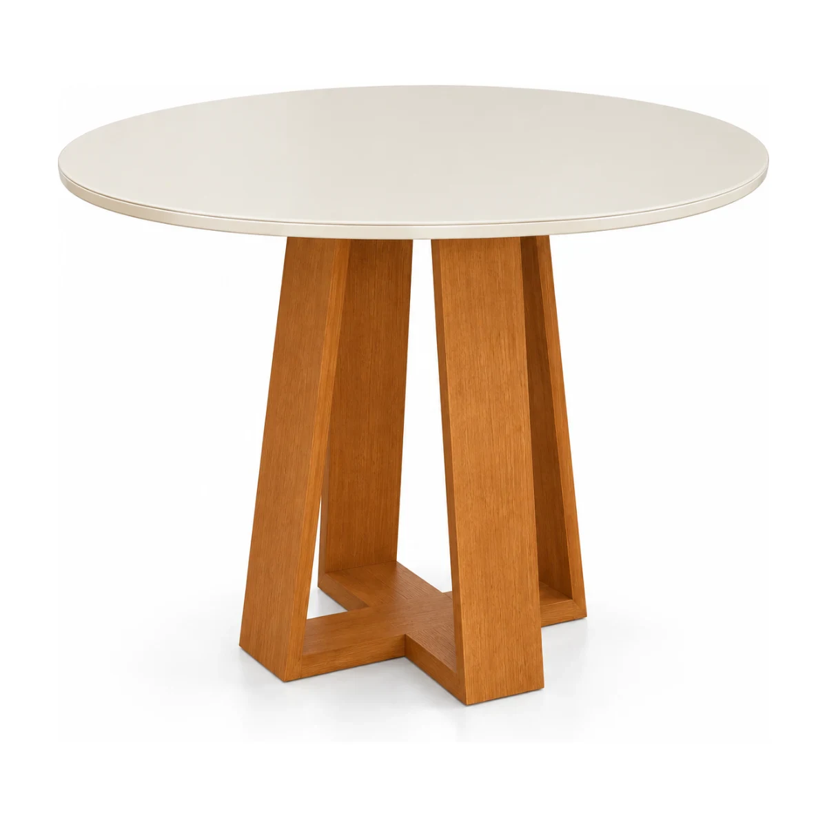 Mesa de jantar redonda São Carlos Étoile 100 cm tampo de vidro off white e base mel vista em 3/4