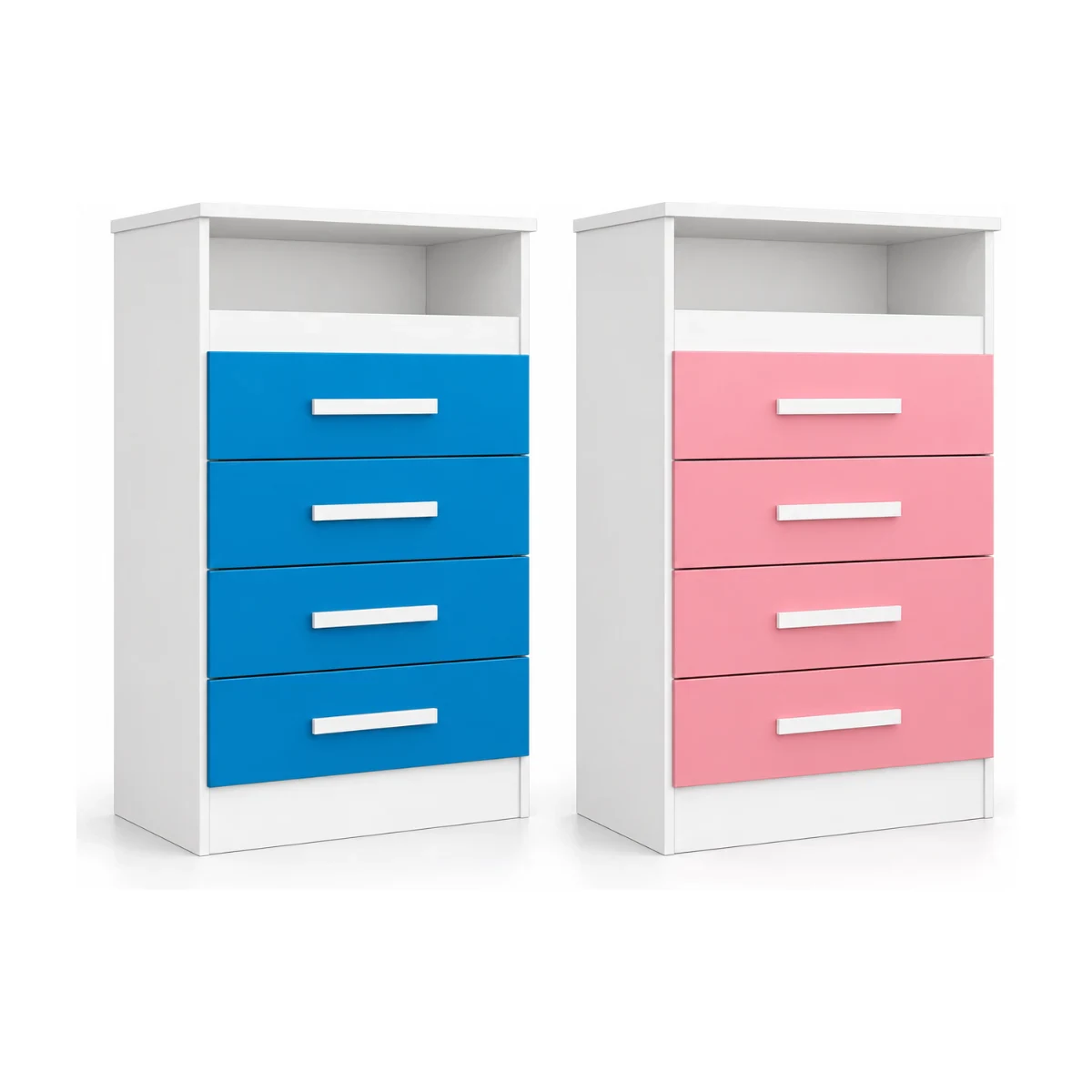 Cômoda ACP Jessica 4 gavetas branca com opções de frentes rosa ou azul vista de frente em 3/4