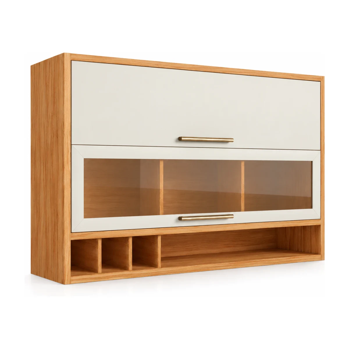 Armário aéreo duplo Ronipa Syrah Reflecta 120 cm em amêndoa e off white com porta de vidro, foto de catálogo em fundo branco