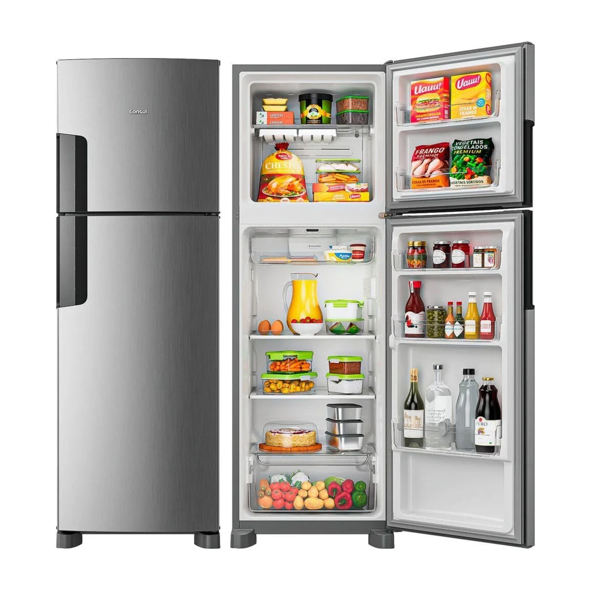 Geladeira Consul Frost Free Duplex Inverter 377 Litros Inox CRM44MK 220V, foto de catálogo em fundo branco