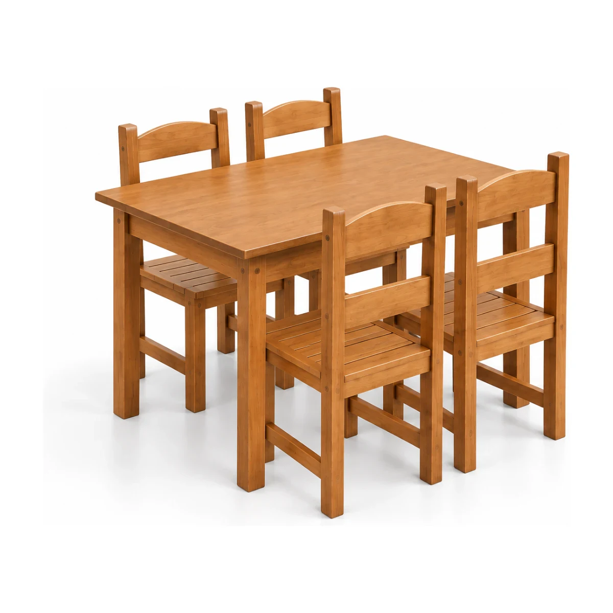 Conjunto de mesa Kasper de 1,10 m com 4 cadeiras de madeira com assento de madeira na cor caramelo, fundo branco