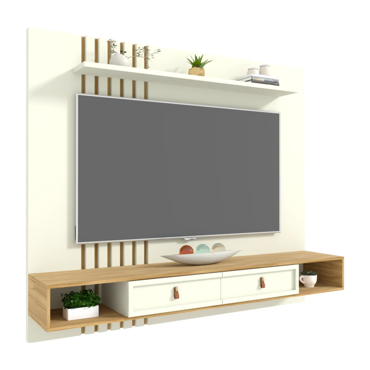 Painel Avelan Pontal 1,80 m para TV Freijó e Off White, foto de catálogo em fundo branco