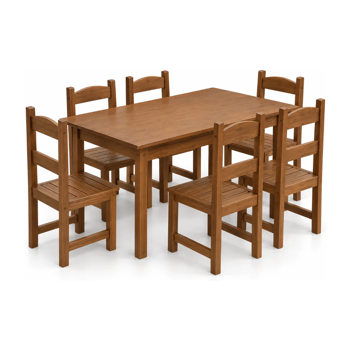 Conjunto de mesa Kasper 9701 de 1,50 m com 6 cadeiras de madeira com assento de madeira na cor nogal, fundo branco