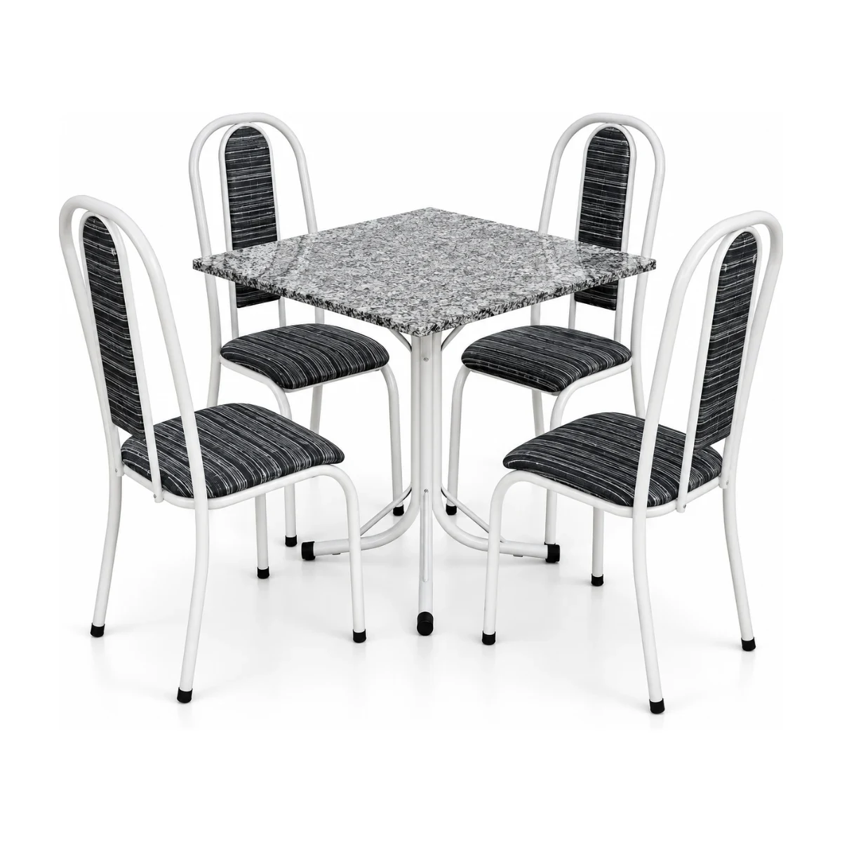 Conjunto de mesa de aço Coelho Havaí quadrada com tampo em granito e 4 cadeiras brancas com estofado preto, fundo branco
