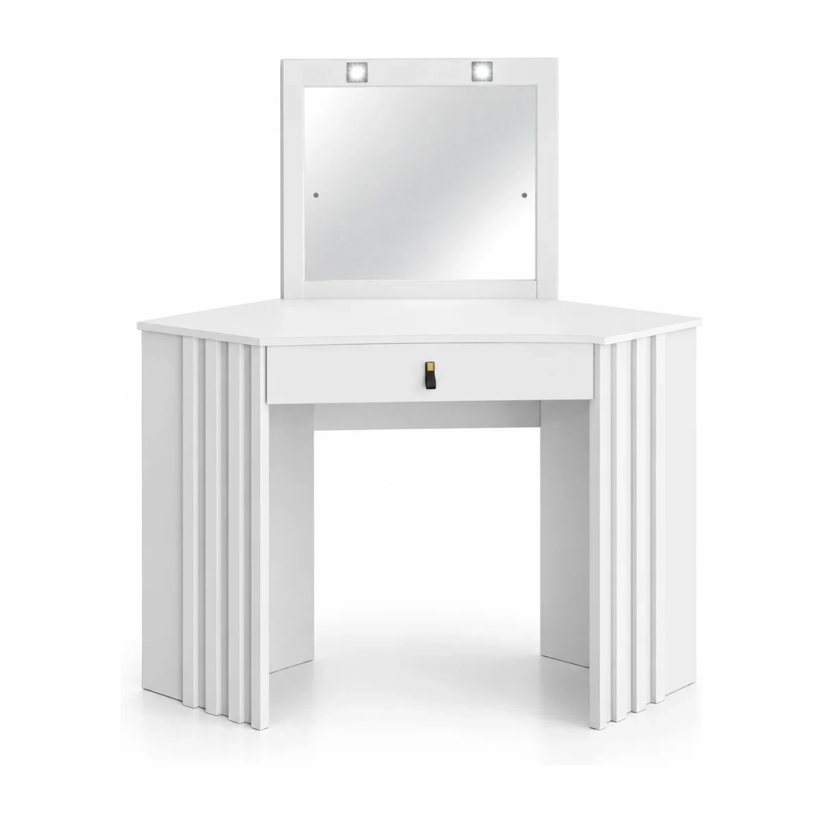 Penteadeira camarim de canto Albatroz Glitter com LED branco fosco liso vista de frente em 3/4